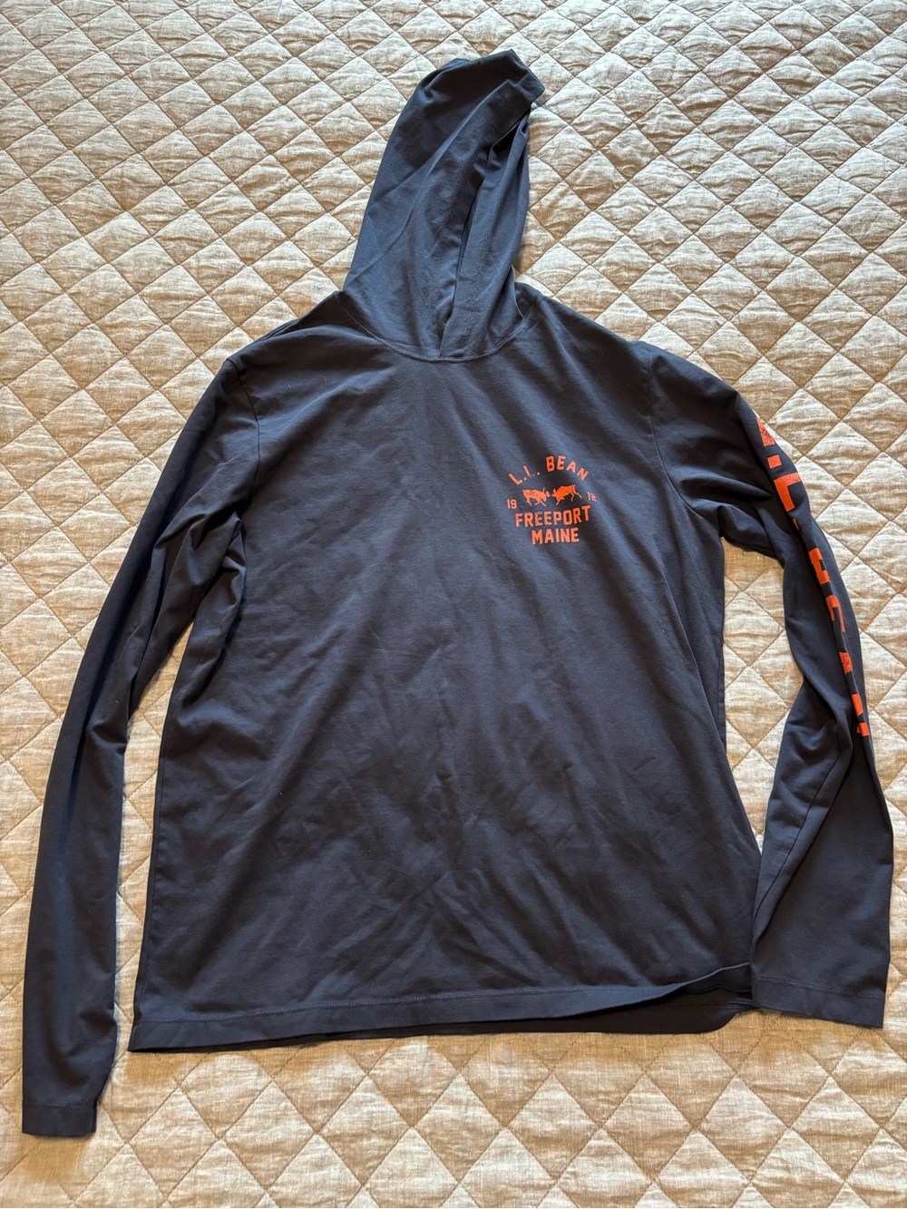 L.L. Bean Navy Hooded Long Sleeve Tee with Yellow Logo